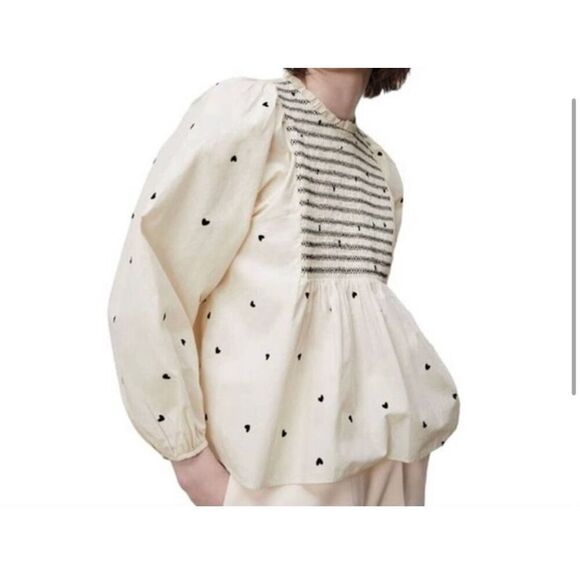 ZARA Heart Print Long Puff Sleeve Romantic Baby Doll Blouse Size Small - Picture 2 of 5